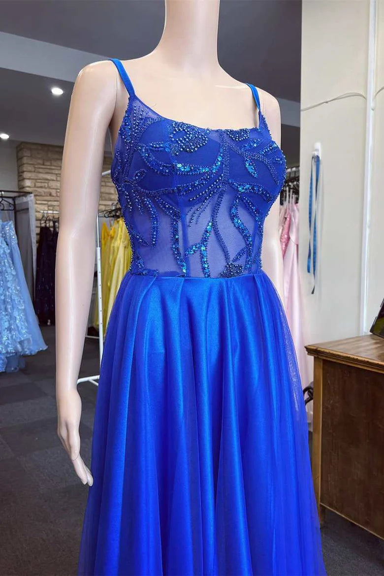 Vestido de fiesta de corte A con escote redondo y apliques